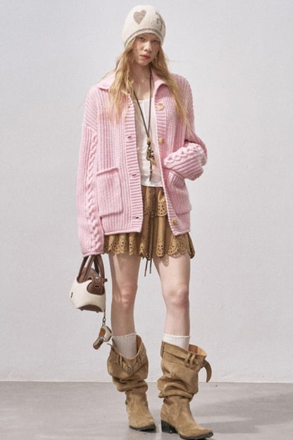 Thick Cable Knit Turtleneck Cardigan