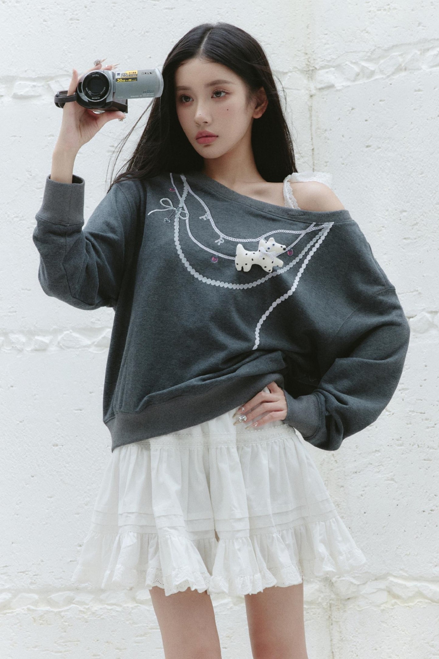 Gray Slanted Shoulder Tie Sweatshirt