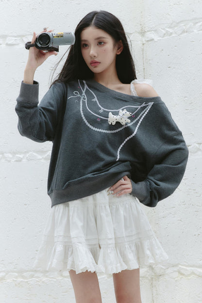 Gray Slanted Shoulder Tie Sweatshirt