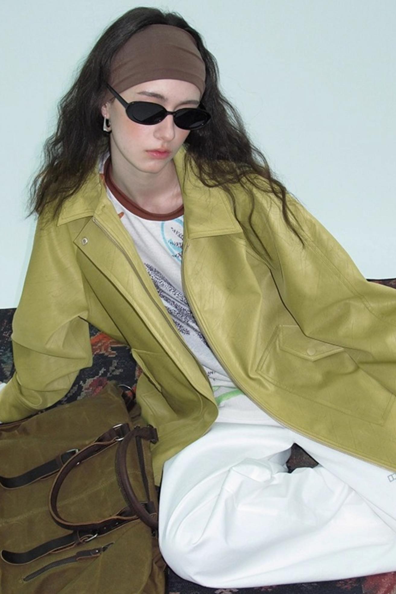 Green Lapel Leather Jacket