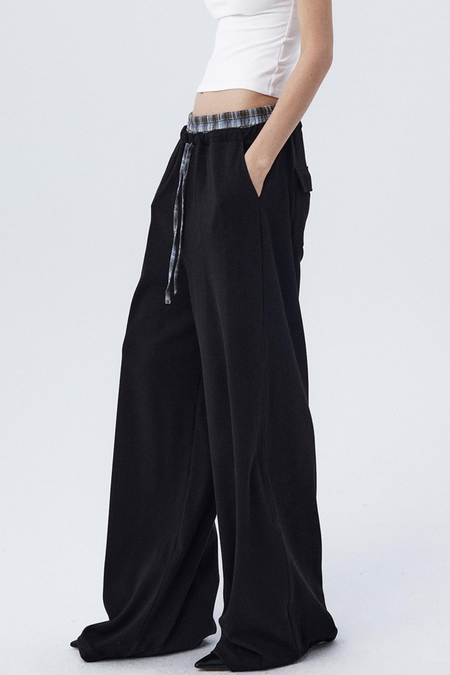 Contrast Check Pattern Wide Pants