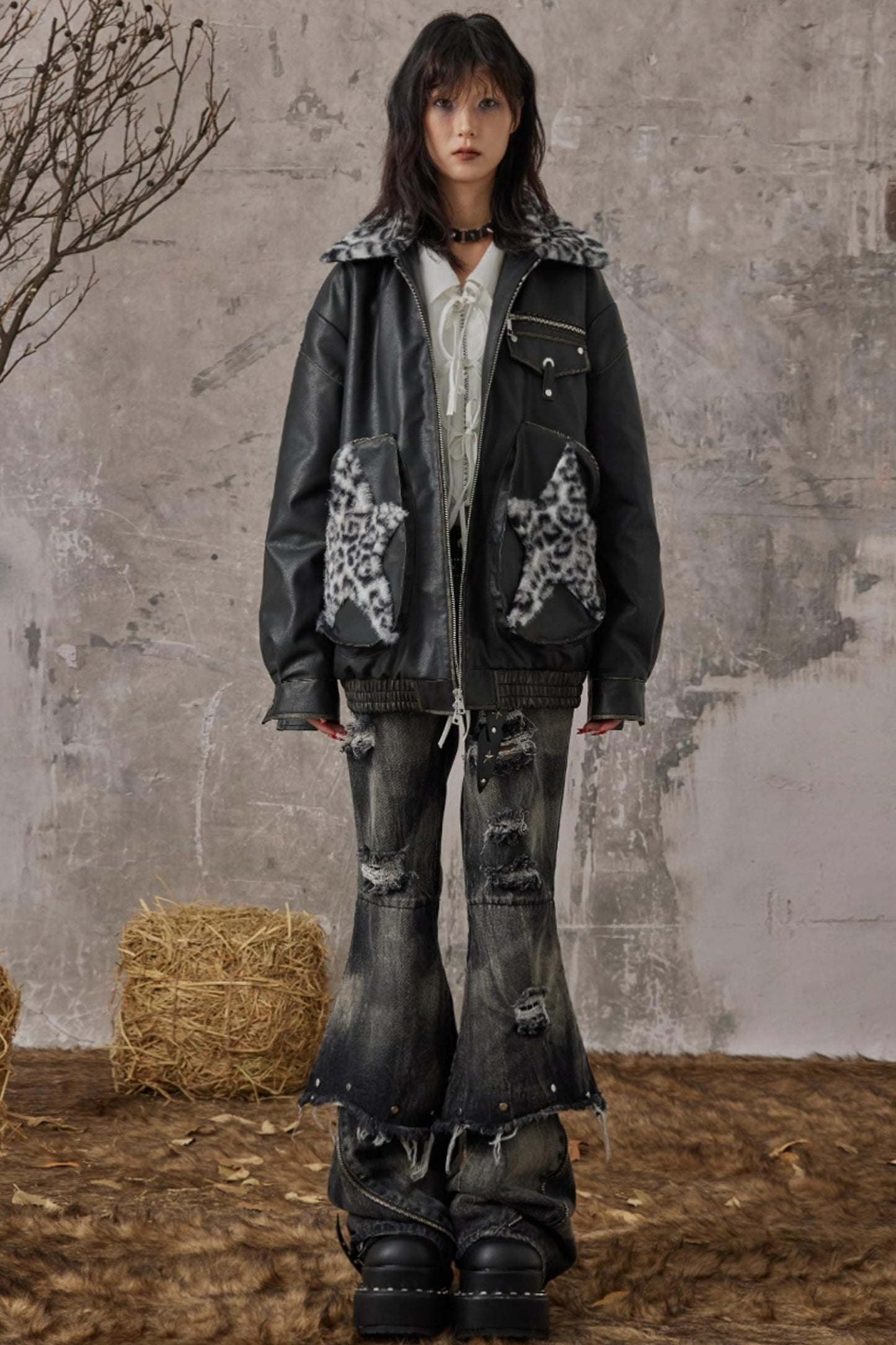 Star Leopard Print Vintage Leather Jacket