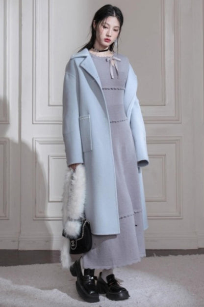 Cream Gray Lace Wool Dress