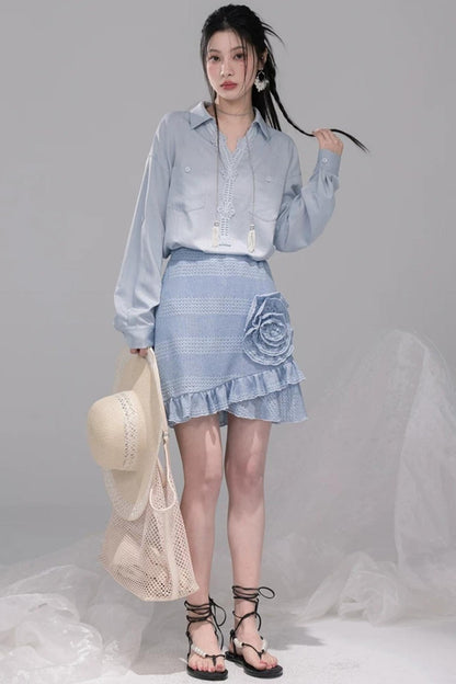 Mist Blue Lace Collar Shirt