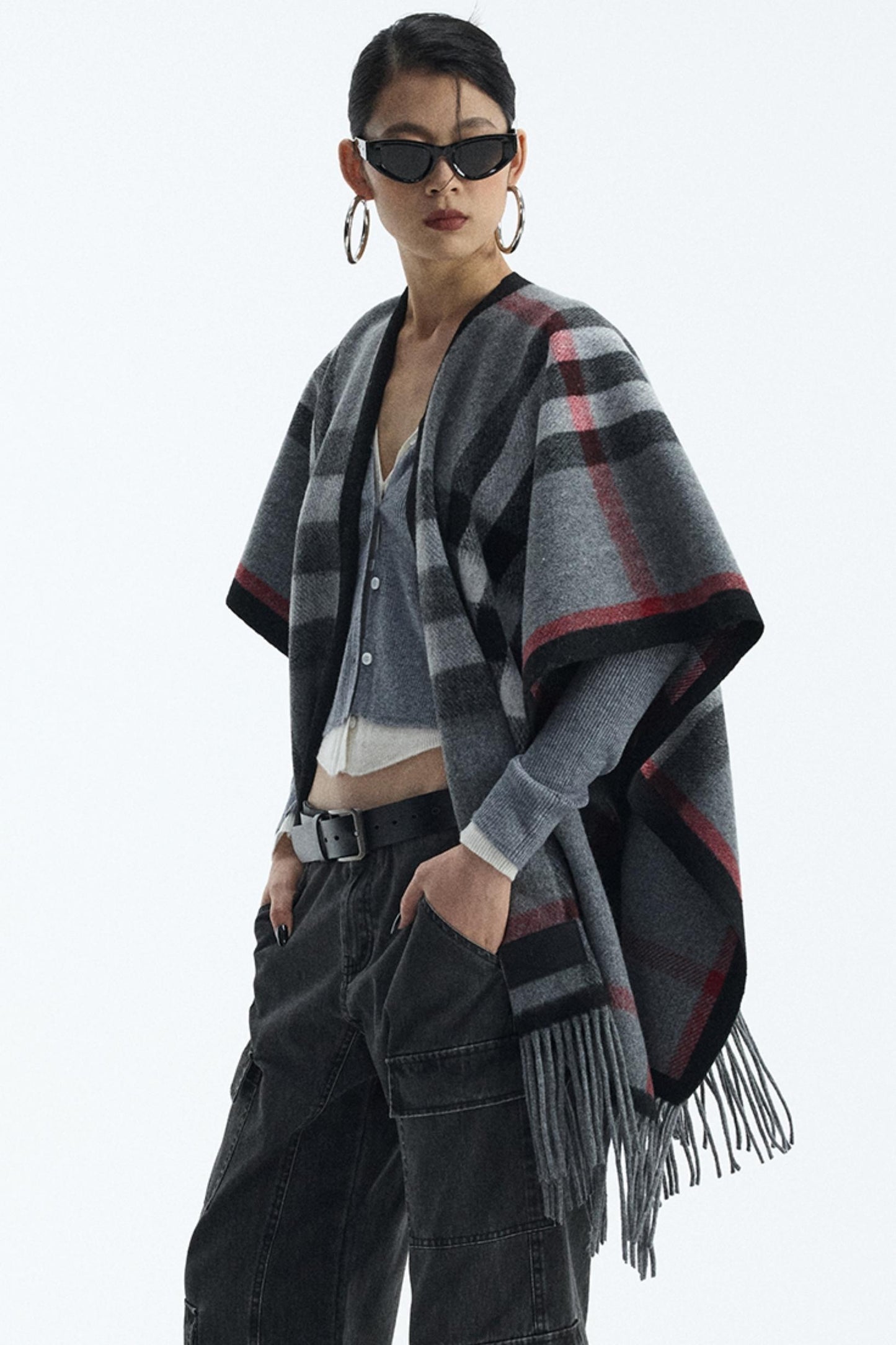 Wool Blend Plaid Cape Cardigan