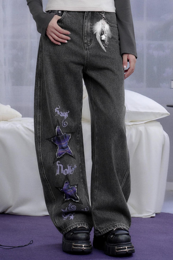 Washed Purple Plaid Star Jeans