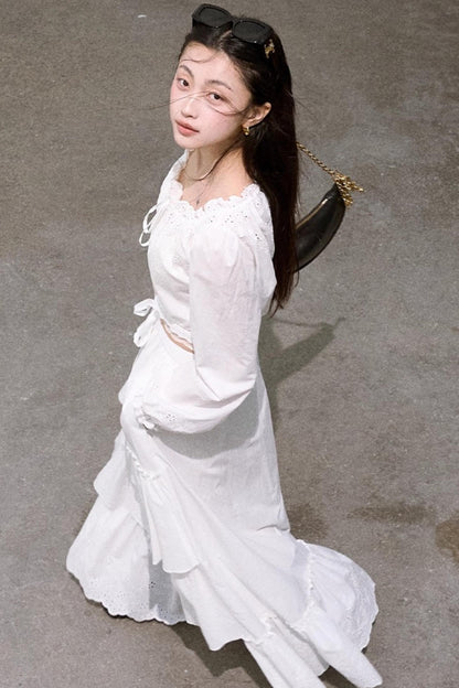 Cotton Strappy White Shirt Two-Piece Set-Up