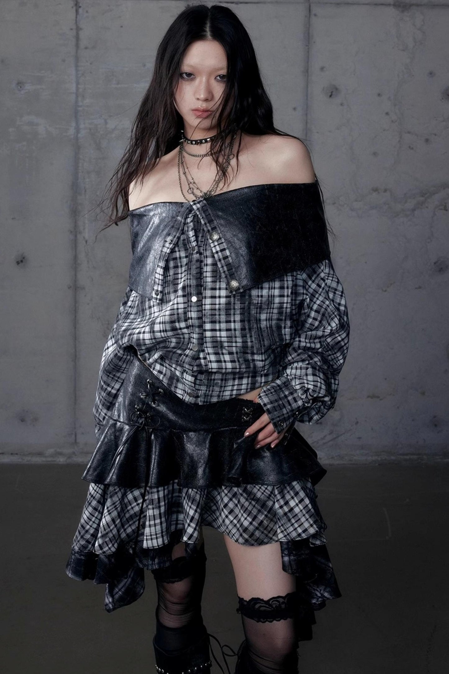 Dark Plaid Leather Top