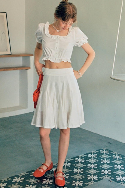 White Lace Square Collar Puff Sleeve Shirt