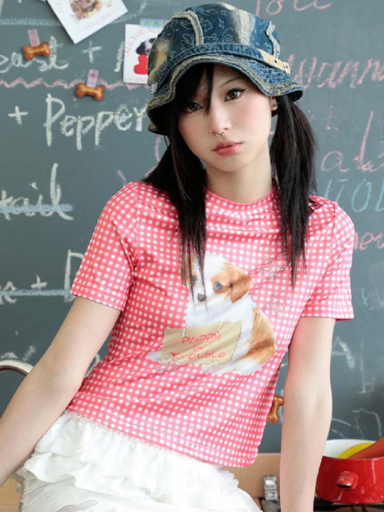 Cute Plaid Dog Print Short Sleeve Tee