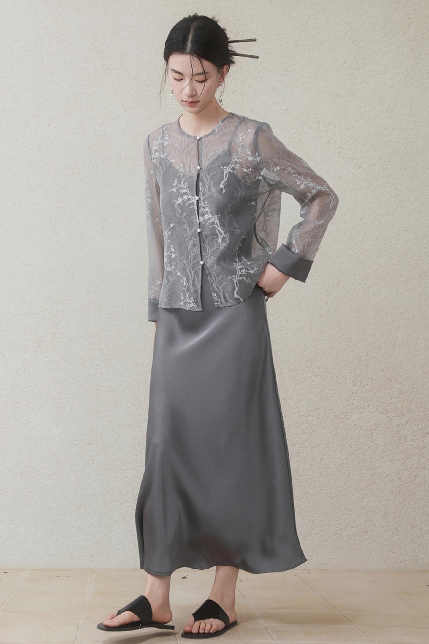 Plum Blossom Cardigan & Satin Dress Set