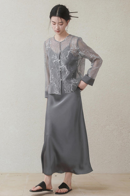 Plum Blossom Cardigan & Satin Dress Set