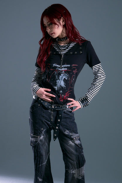 Punk Street Striped Print Long Sleeve Top