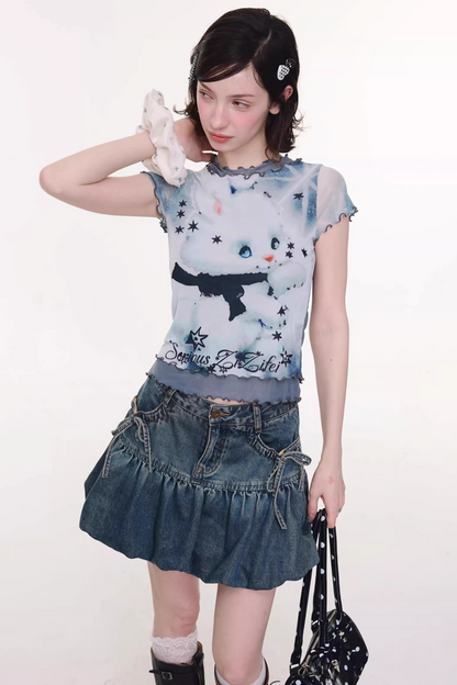 Mesh Plaid Cat Print Top