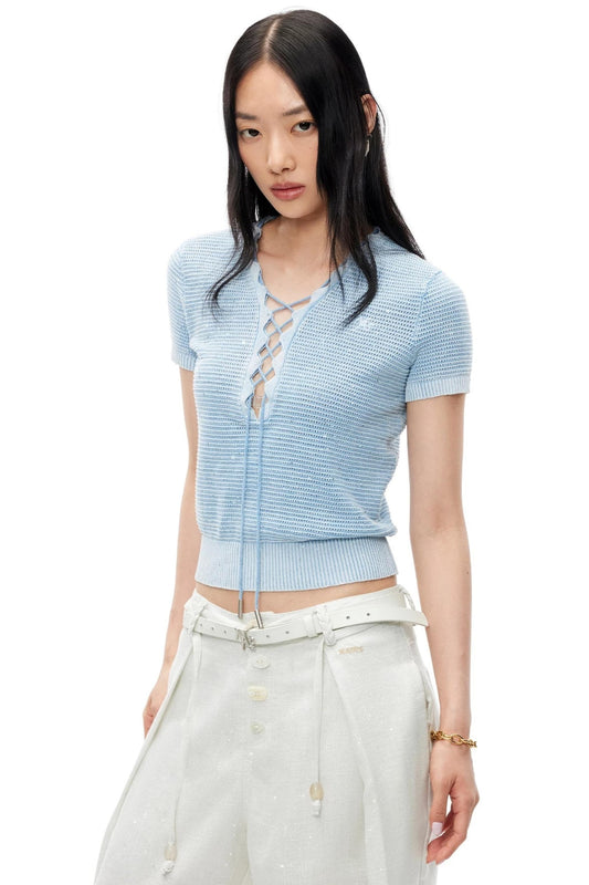 Vintage Hollow Knit V-Neck Tie-Up T-Shirt