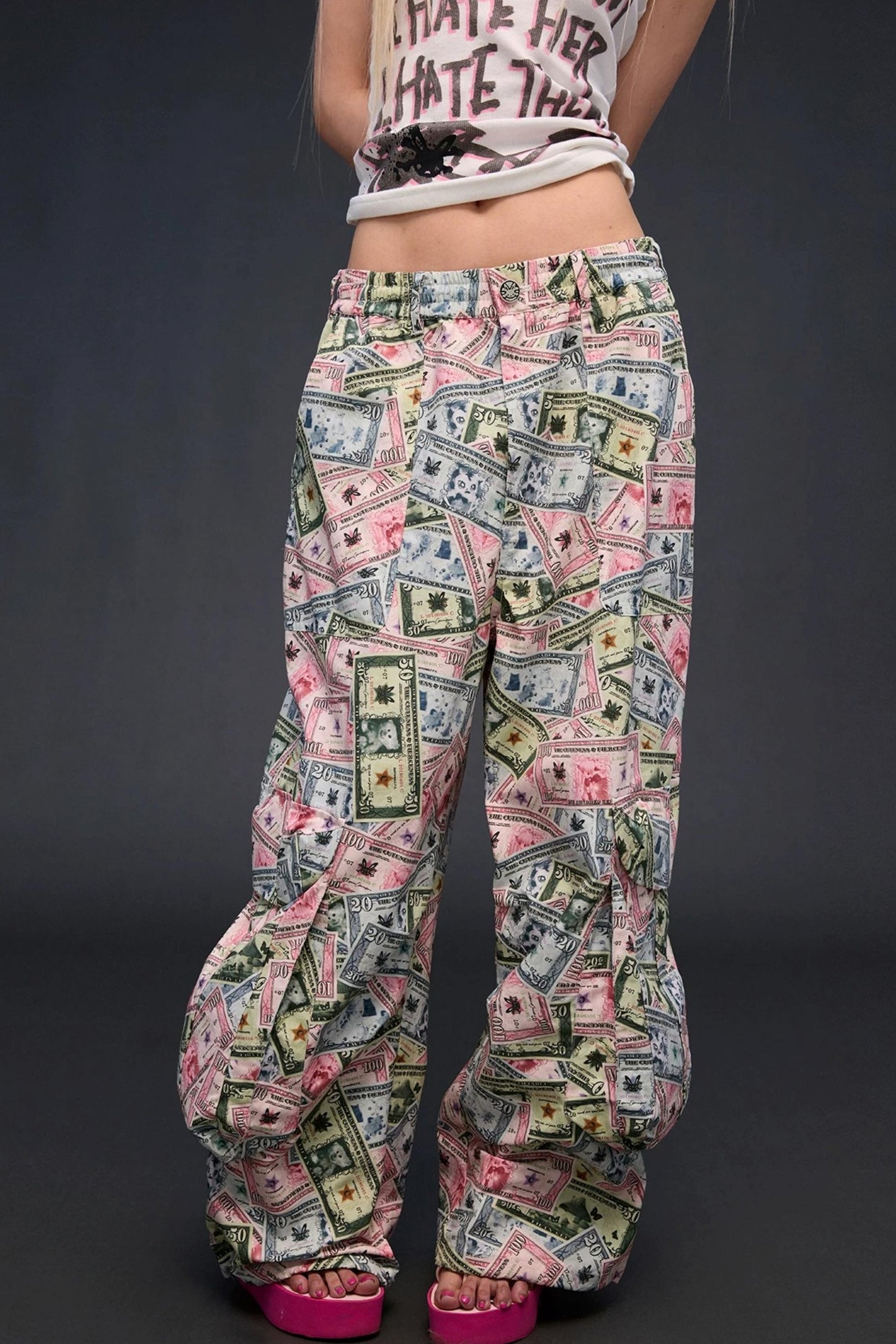 Money Print Wide-Leg Pants