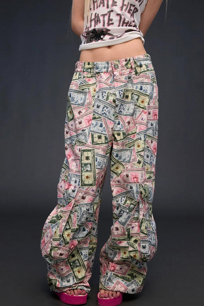 Money Print Wide-Leg Pants