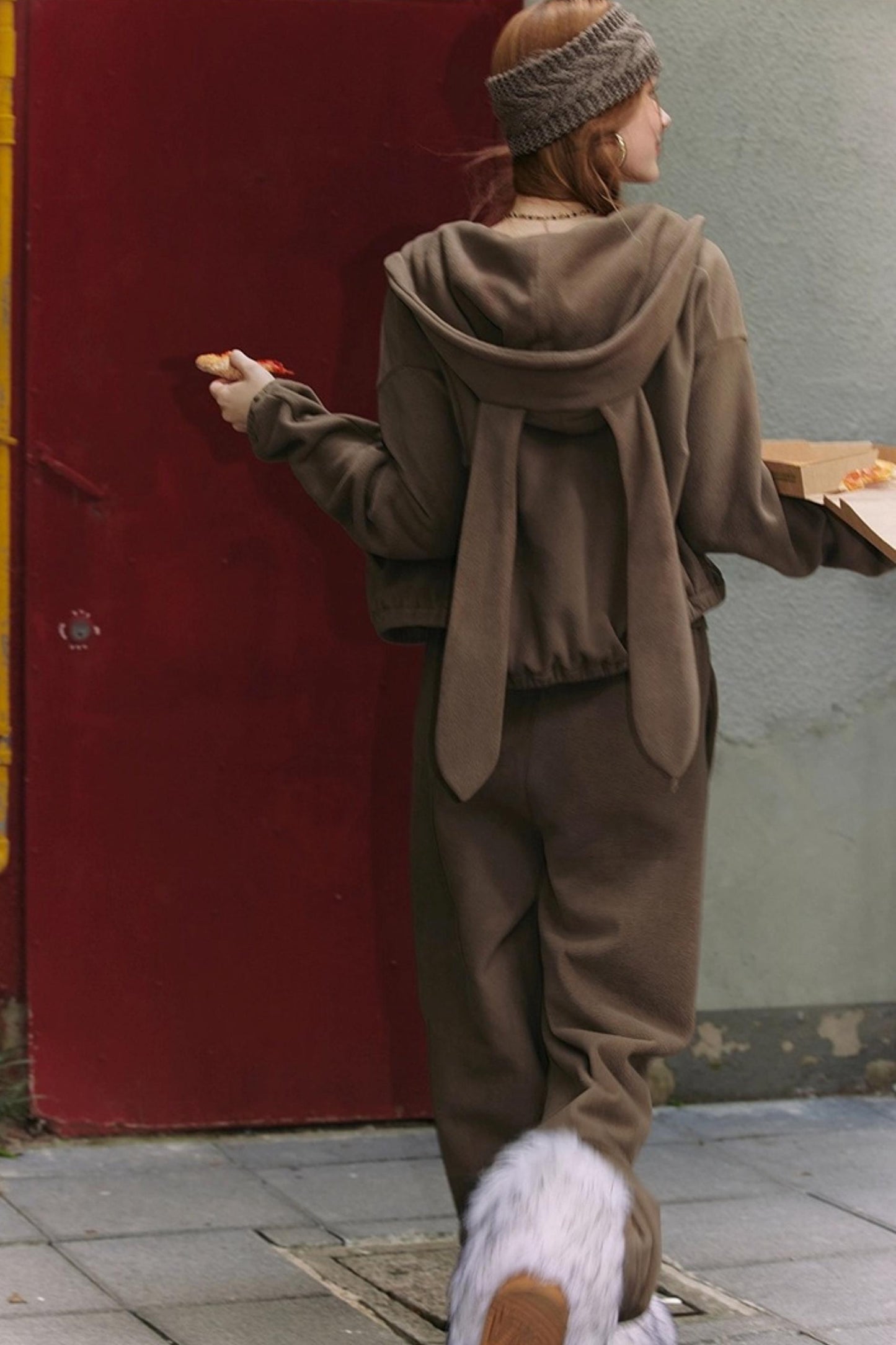 Khaki Fleece Bunny Ear Cardigan Set-Up