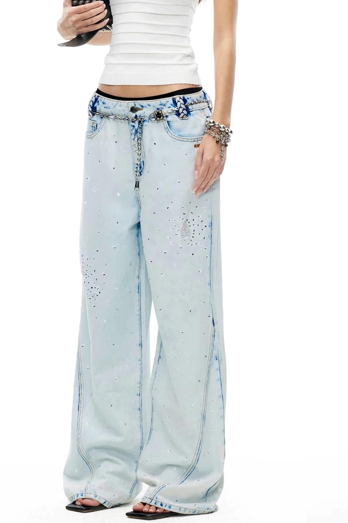 Glitter Star Rhinestone Denim Pants