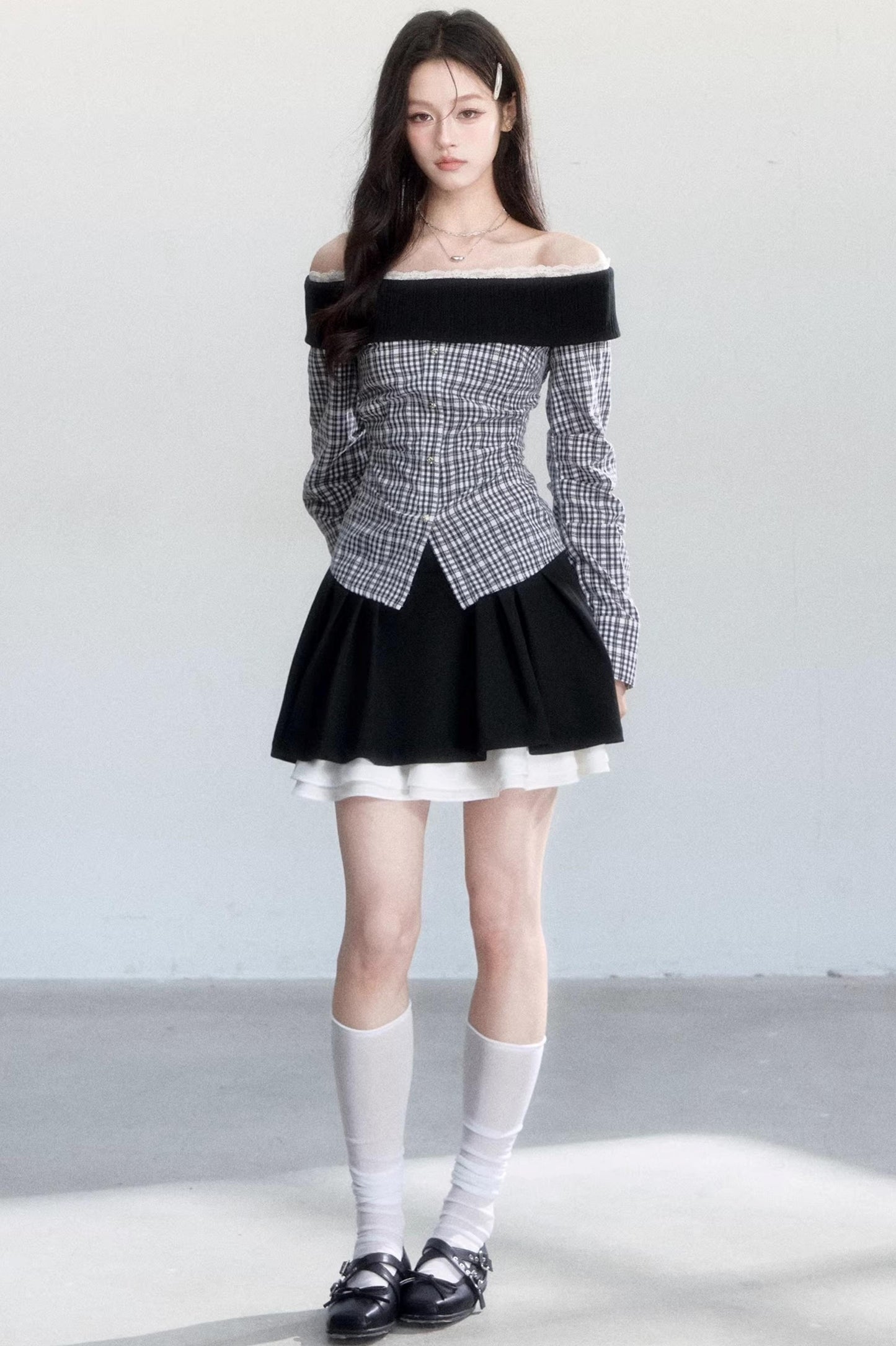 Plaid Off-Shoulder Slim Fit Shirt