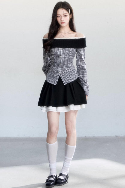 Plaid Off-Shoulder Slim Fit Shirt