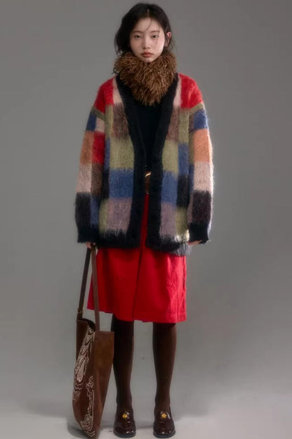 Color-Block-Strickjacke aus Wolle mit Karomuster