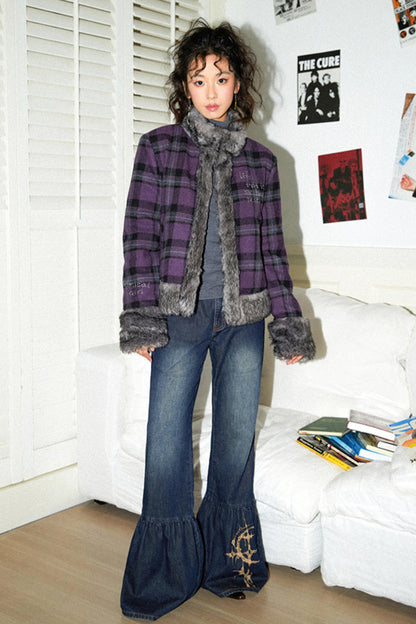 Chic Purple Plaid Wool Jacket