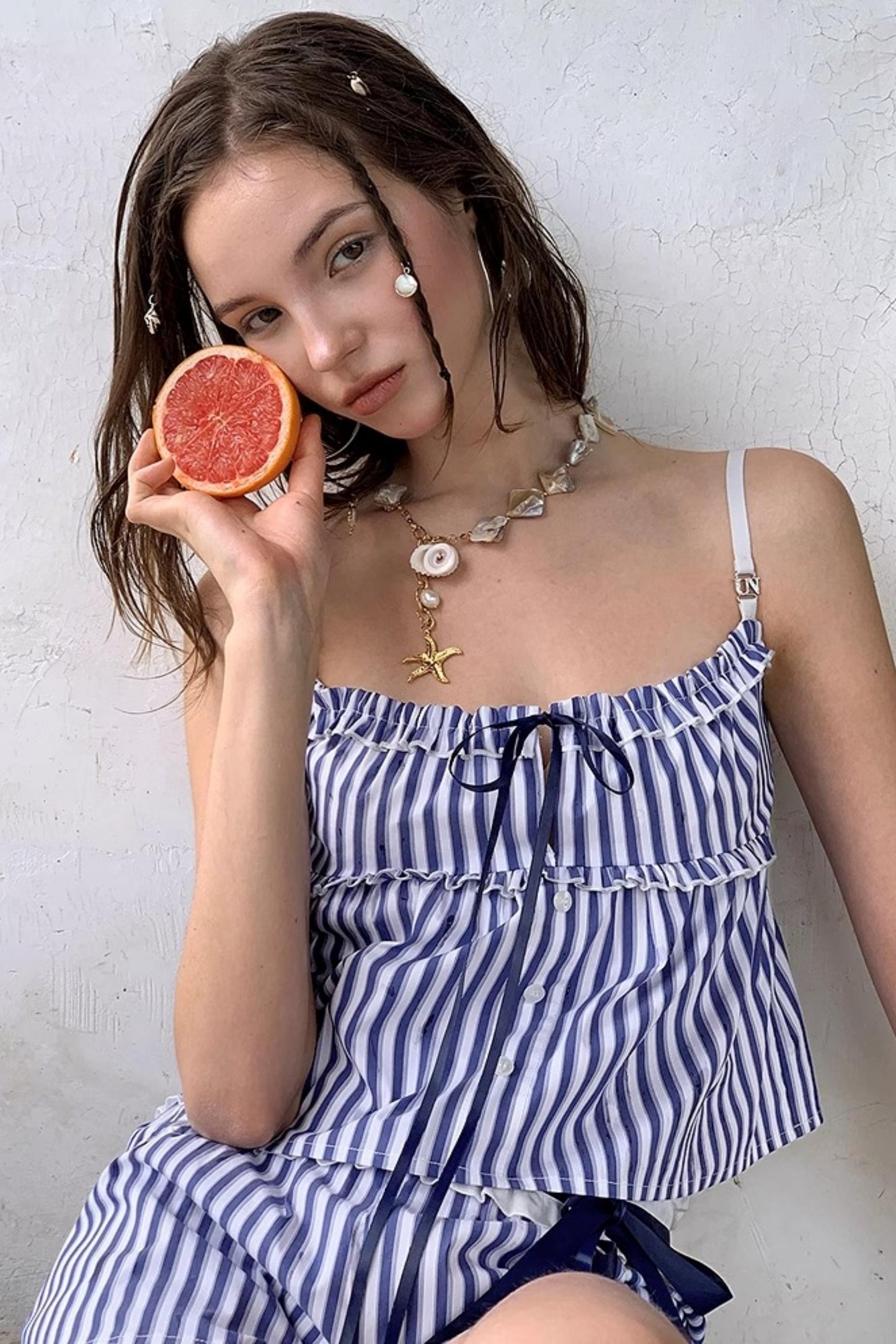 Blue Striped Ruffle A-Line Shorts Set-Up