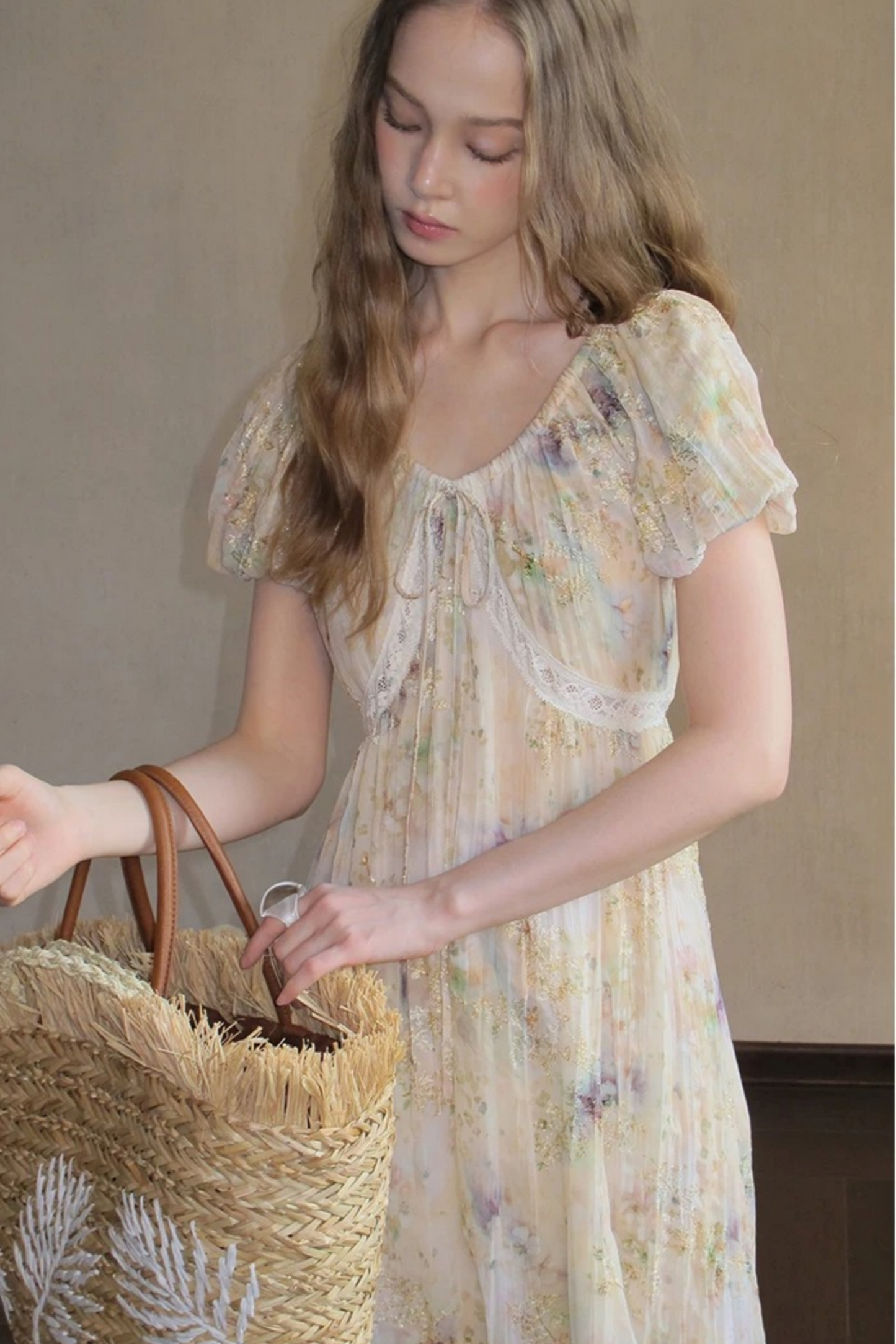 Embroidery Pleated Puff Sleeve Dress