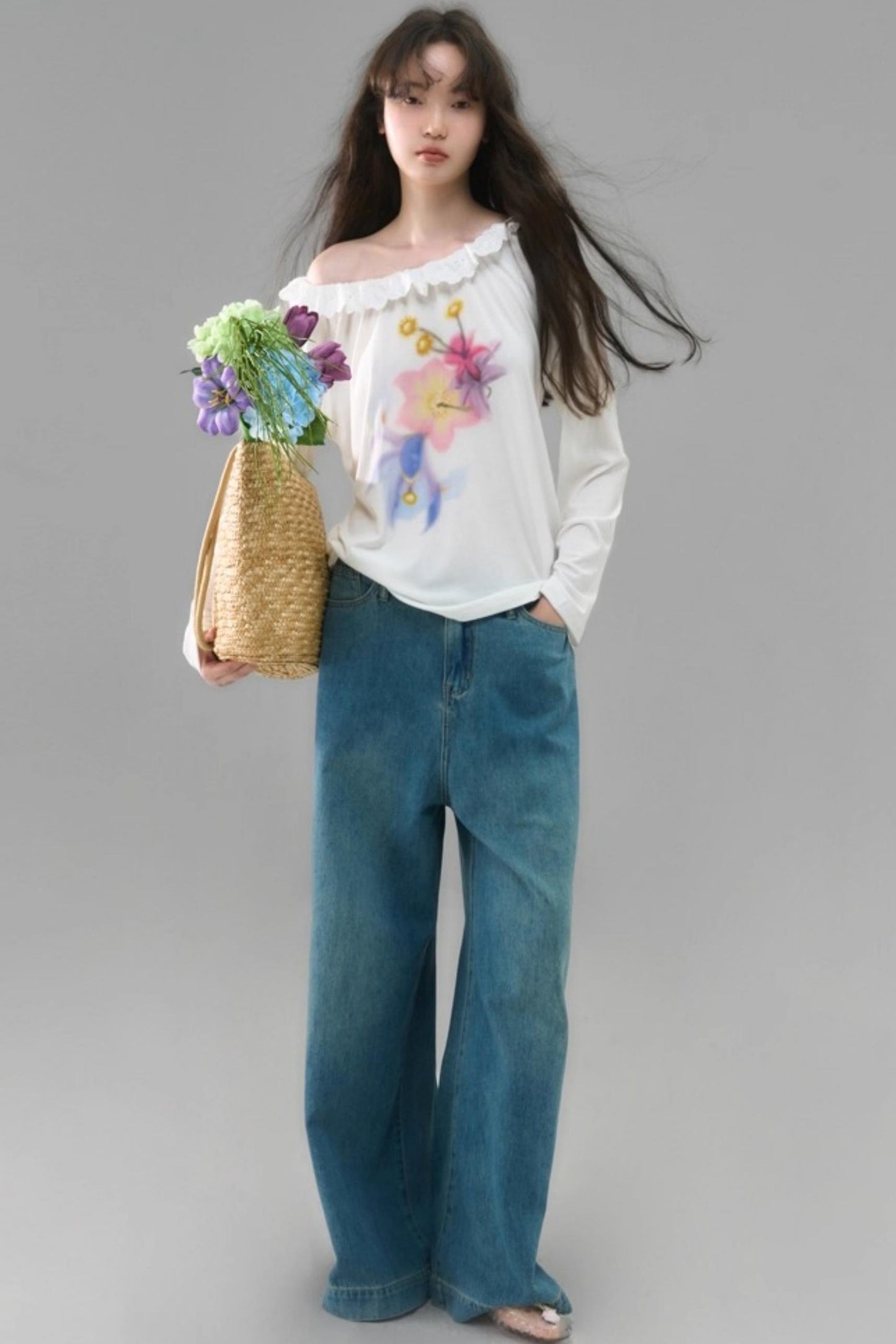 Slanted Shoulder Long-Sleeved Tencel Tee