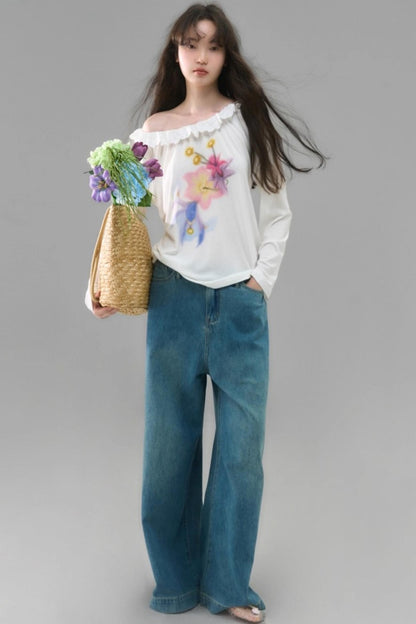 Slanted Shoulder Long-Sleeved Tencel Tee