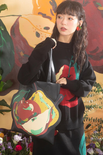 Fruit Print Black Tote Bag