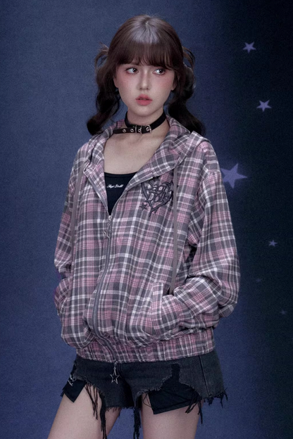 Pink Plaid Hooded Jacket