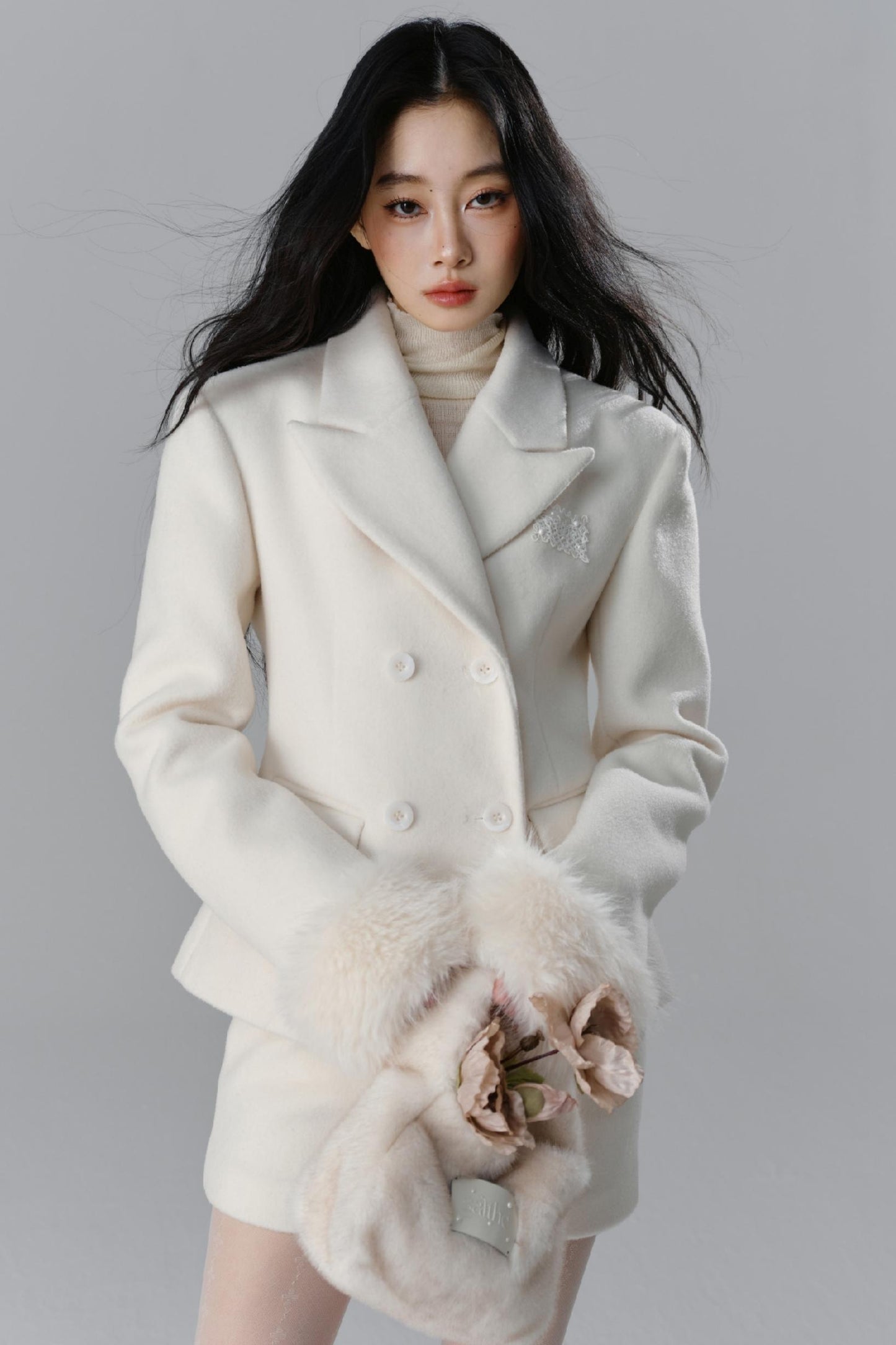 Fur Collar Blazer & Skirt Set-Up