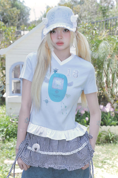 Blue Ruffle V-Neck Tee