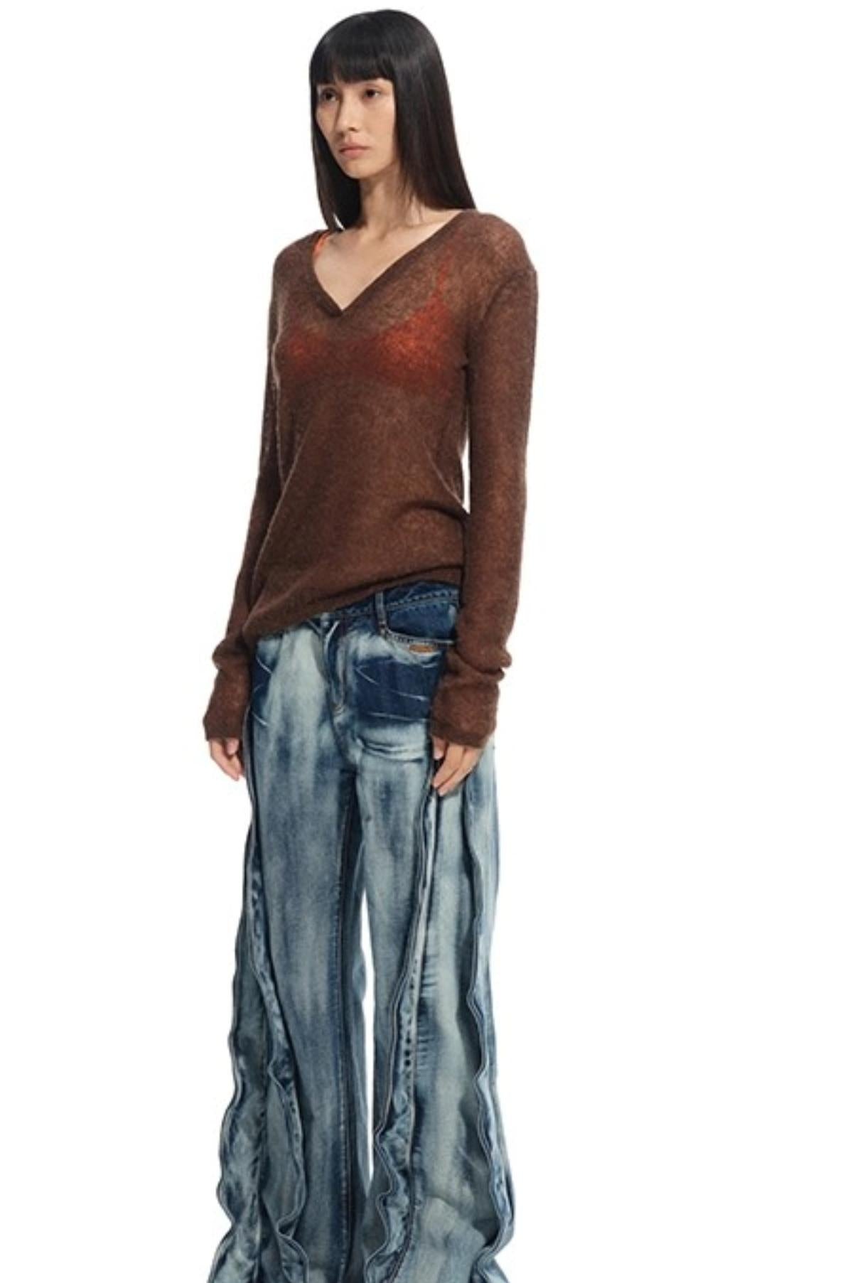 Alpaca Knit Layered V-Neck Long Sleeve Top