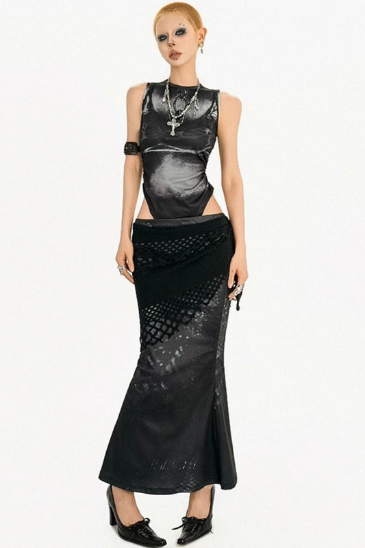 Dark Three-Piece Fishtail Skirt vest Set-Up