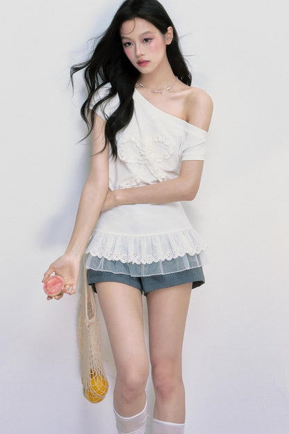 Slanted Shoulder Korean Lace Top