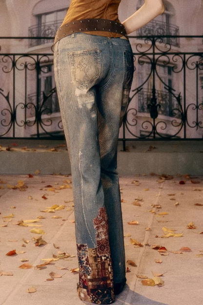 Vintage Pattern Flared Denim Pants