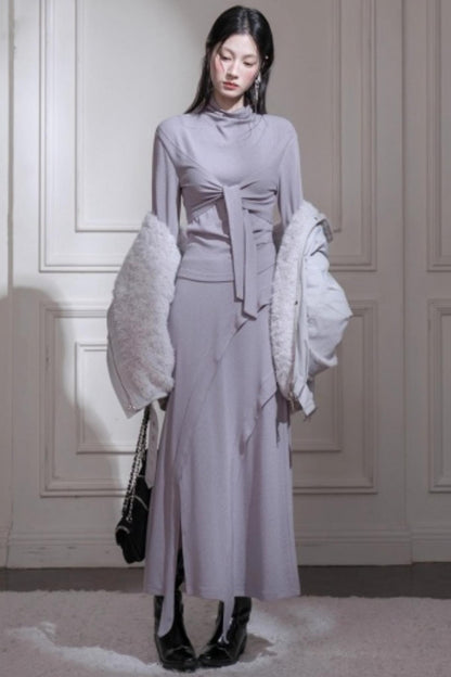 Gray Taro Tie-Dye Top Skirt Set