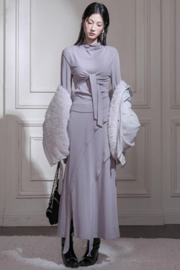 Gray Taro Tie-Dye Top Skirt Set