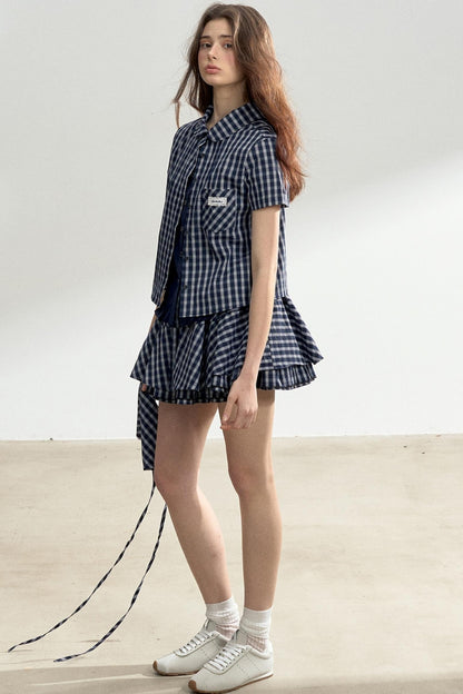 Vintage Blue Check Shirt & Layered Puffy Skirt Set-Up