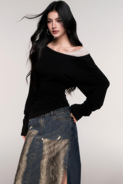 Tencel Panelled Lace Cross-Shoulder Top