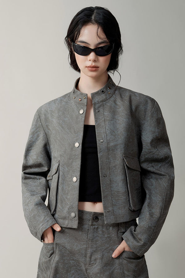 Stand Collar Heavy Dye Cotton Jeans Jacket