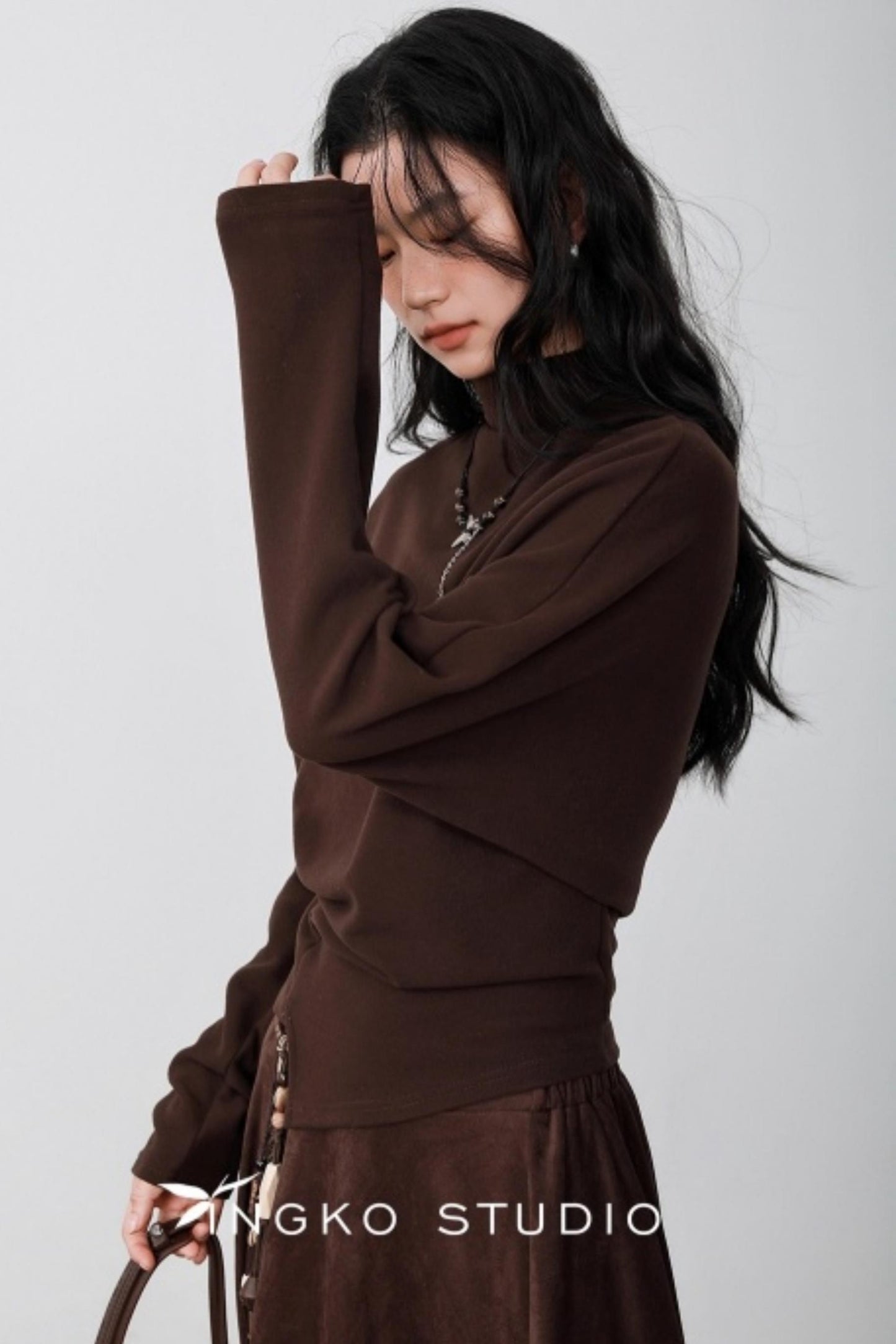 Chestnut Brown Velvet Pleated Top