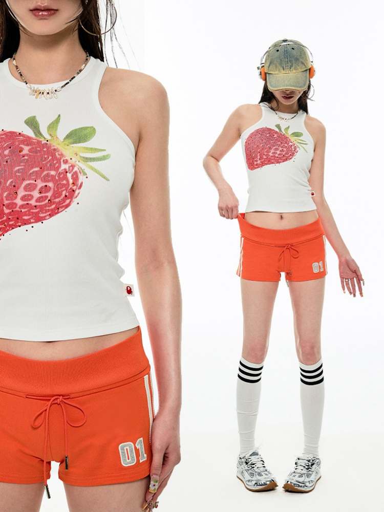 Summer Fruit Print Round Neck Slim Tank Top