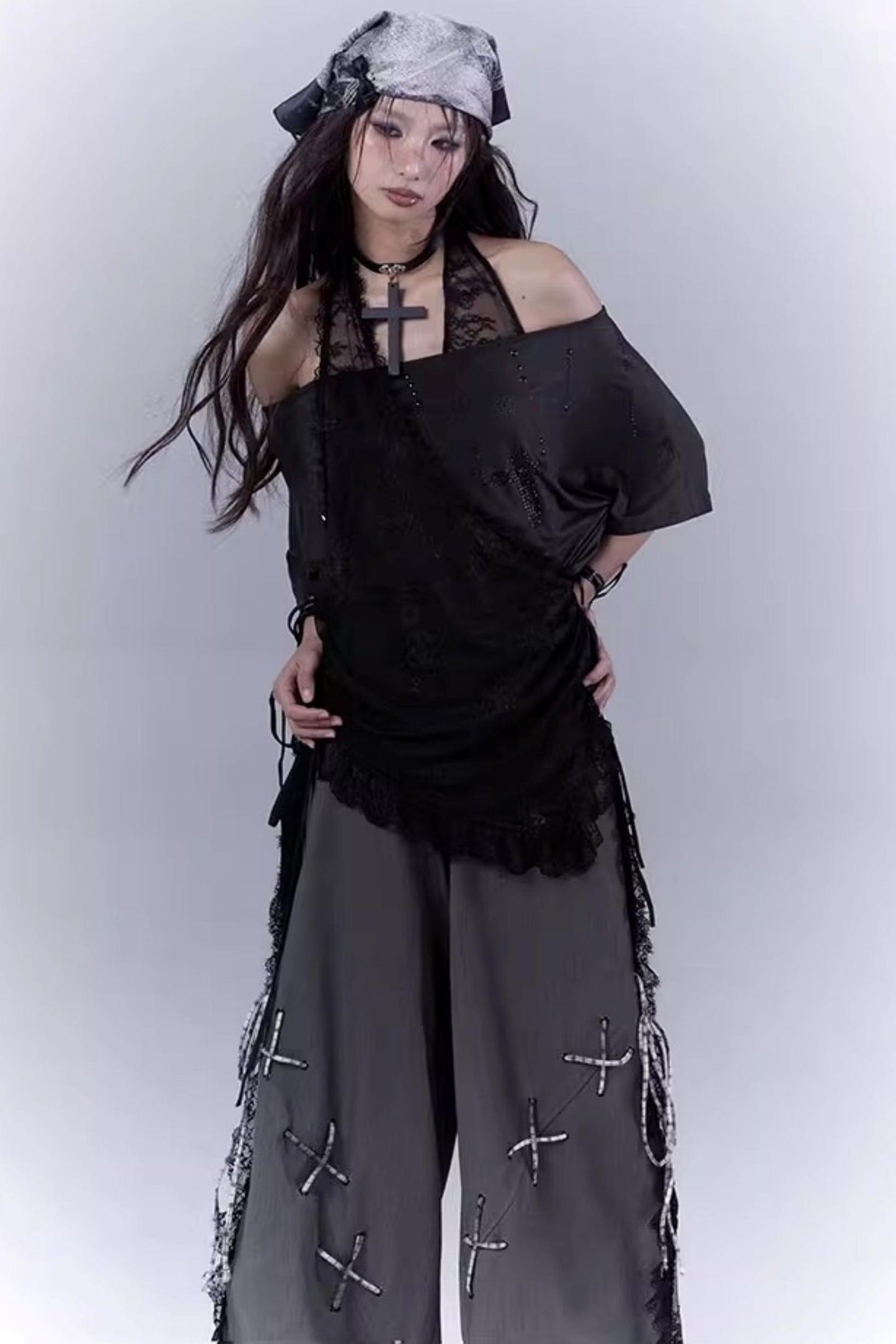 Black Lace-Trimmed Tee