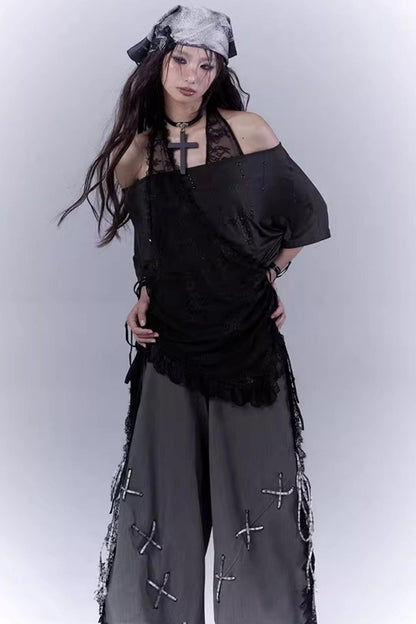 Black Lace-Trimmed Tee