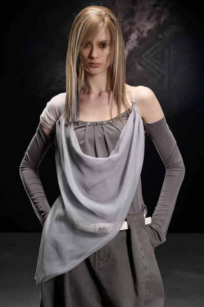 Chiffon-Patchwork-Bluse mit asymmetrischem Schnitt