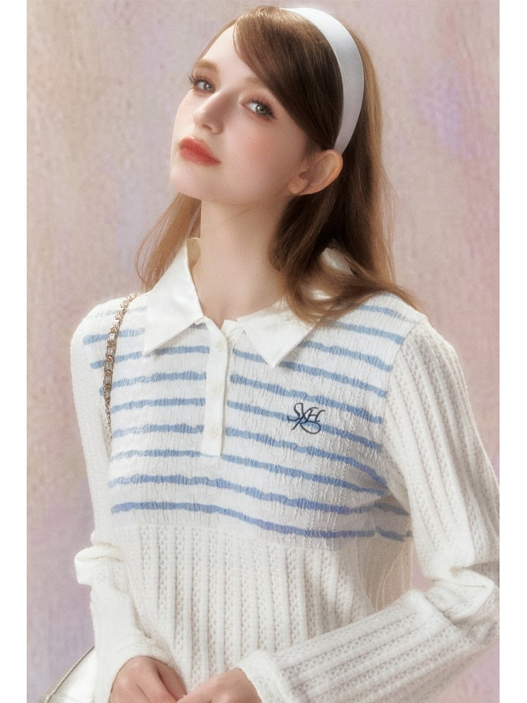 Stripe Embroidery Loose Polo Shirt